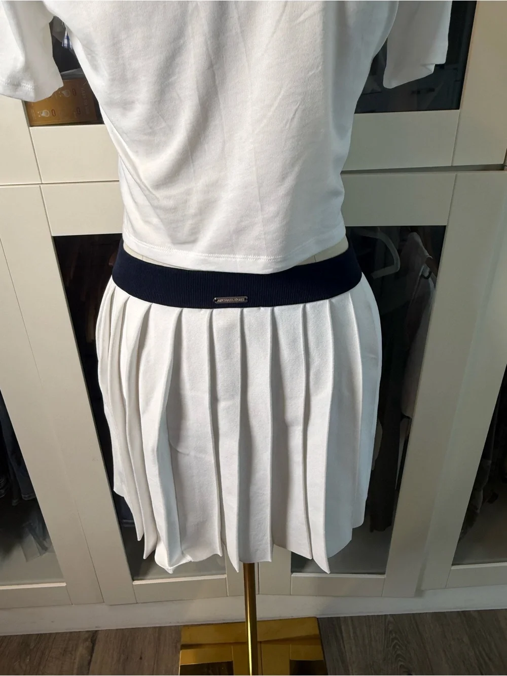 Michael Kors White Crop Tennis Top with Navy Trim & Pleated Skirt